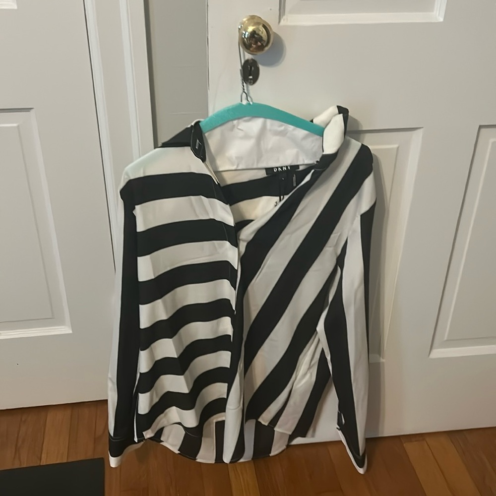 DKNY Black + White Striped Longsleeved Blouse NWT
